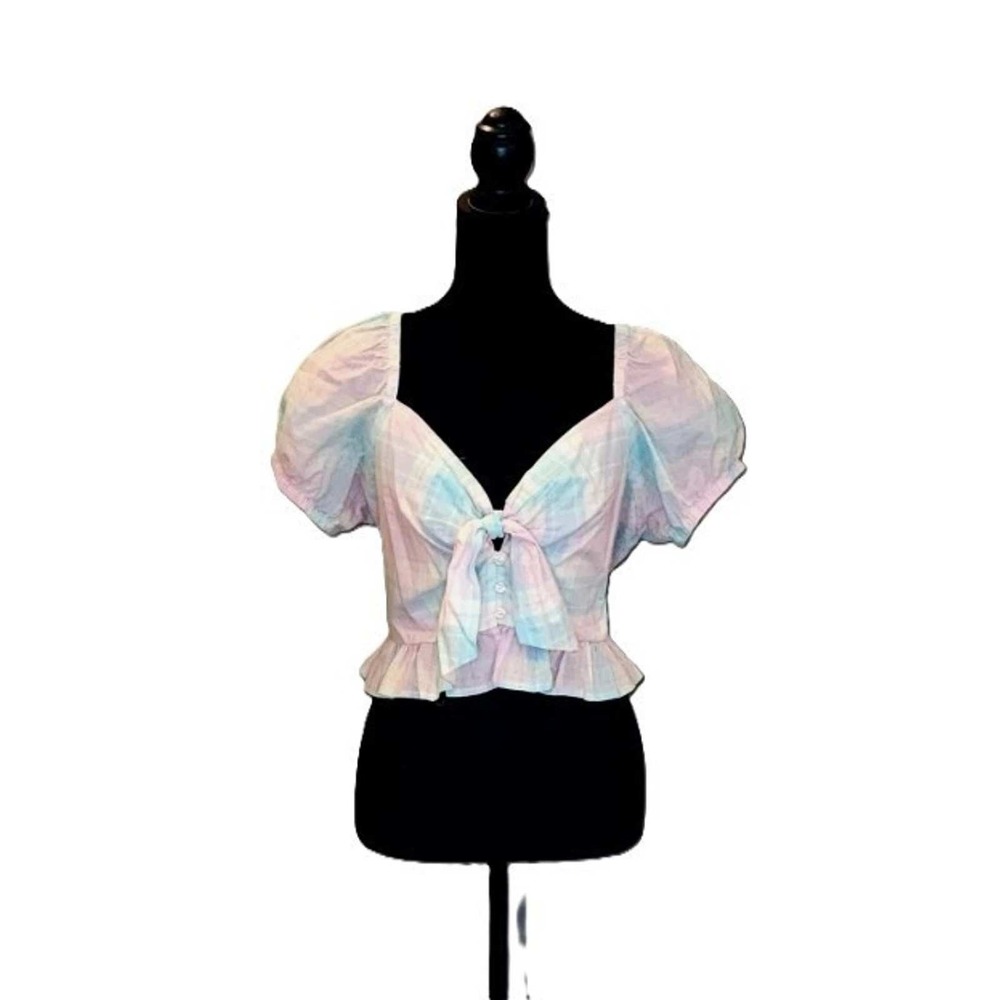 Abound Pastel Plaid Crop Top Puff Sleeve Tie Front Peplum Cottagecore Blouse S